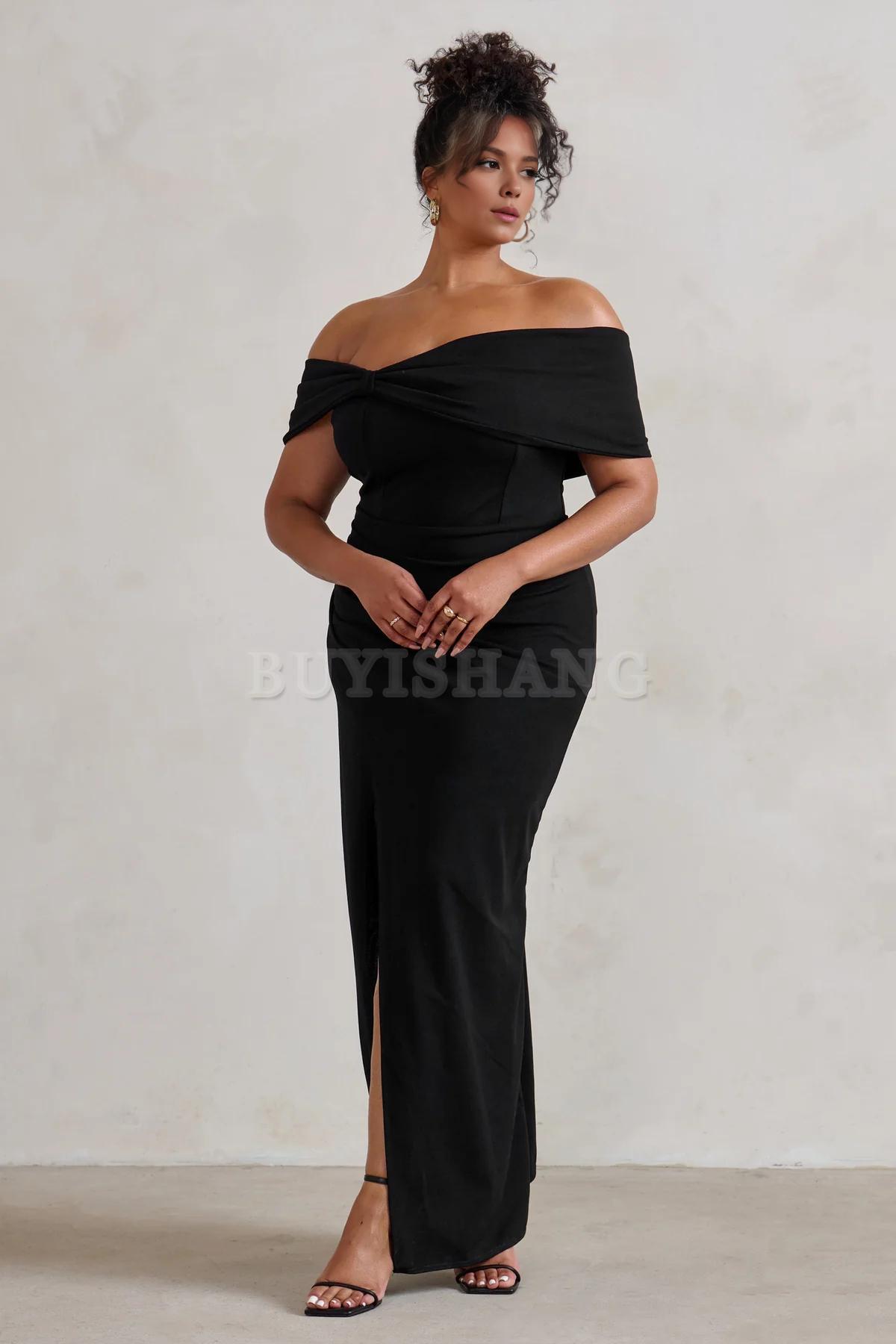 Buyishang Elegant Women Black And White Bardot Bow Detail Maxi Dress With Thigh Split formal wear dresses