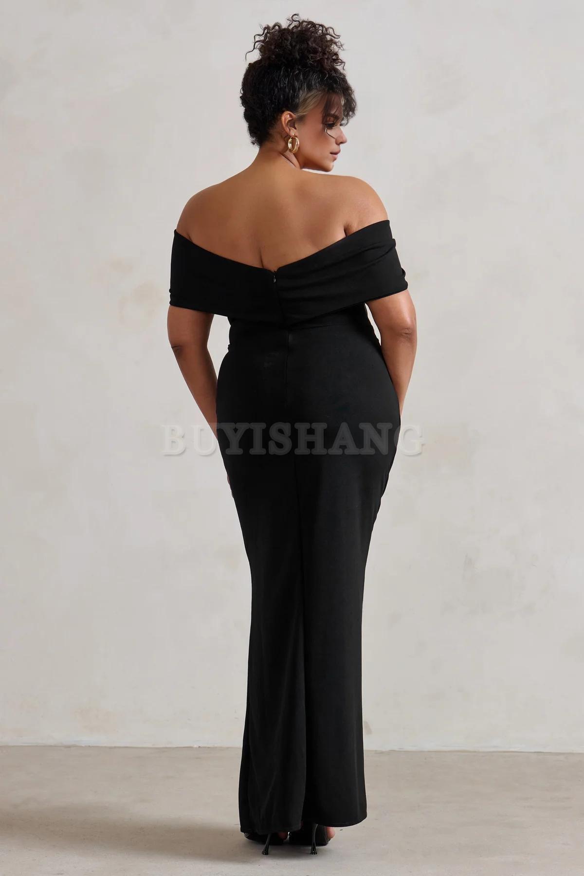 Buyishang Elegant Women Black And White Bardot Bow Detail Maxi Dress With Thigh Split formal wear dresses