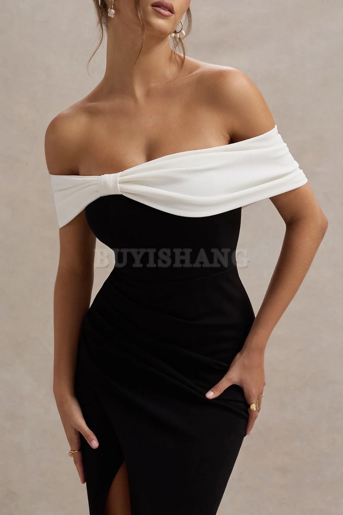 Buyishang Elegant Women Black And White Bardot Bow Detail Maxi Dress With Thigh Split formal wear dresses