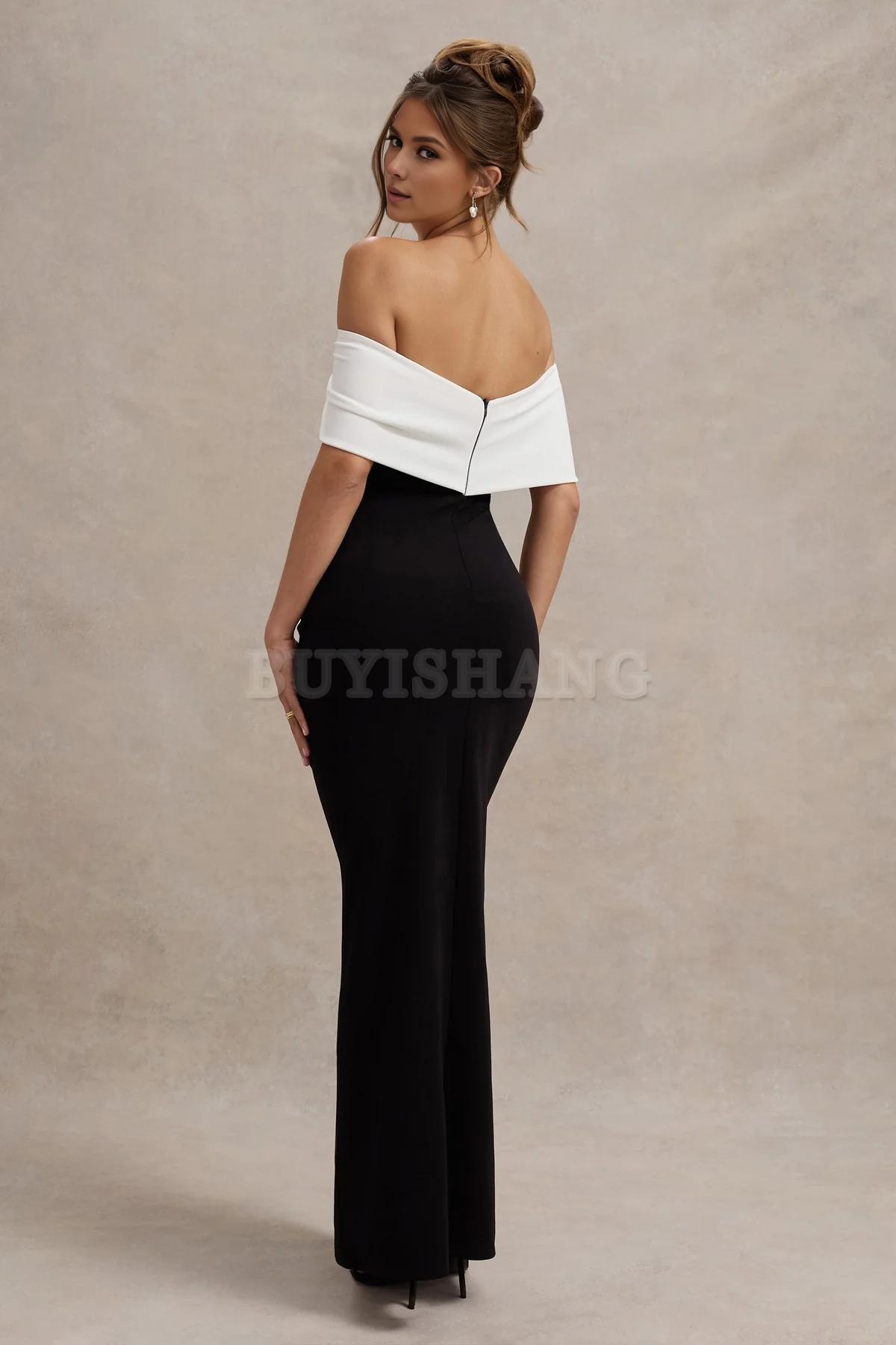 Buyishang Elegant Women Black And White Bardot Bow Detail Maxi Dress With Thigh Split formal wear dresses