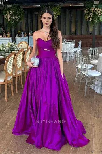 Elegant Women's A-Line Strapless Cutout Satin Ball Gown Floor-Length Prom Dress