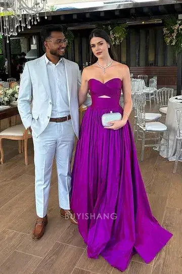 Elegant Women's A-Line Strapless Cutout Satin Ball Gown Floor-Length Prom Dress