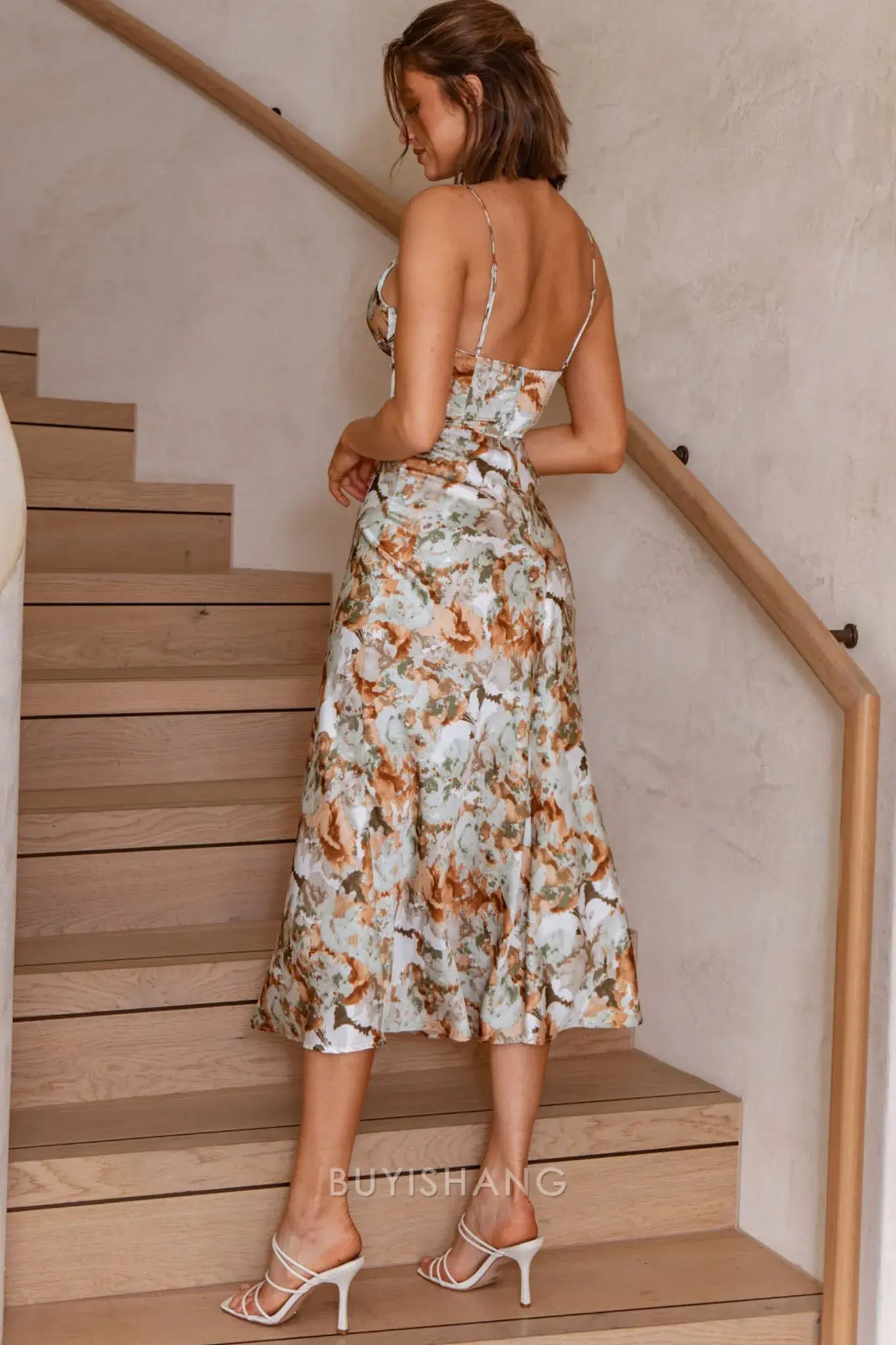 Elegant Women's Bodice Floral Print Spaghetti Strap Tea-Length Midi Dress Prom Dress