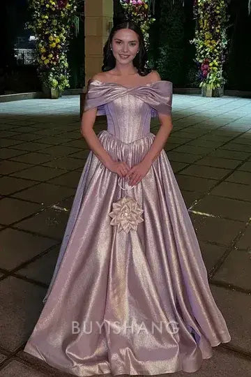 Elegant Women's Elegant A-Line Off - Shoulder Cap Sleeve Metallic Floor-Length Prom Dress