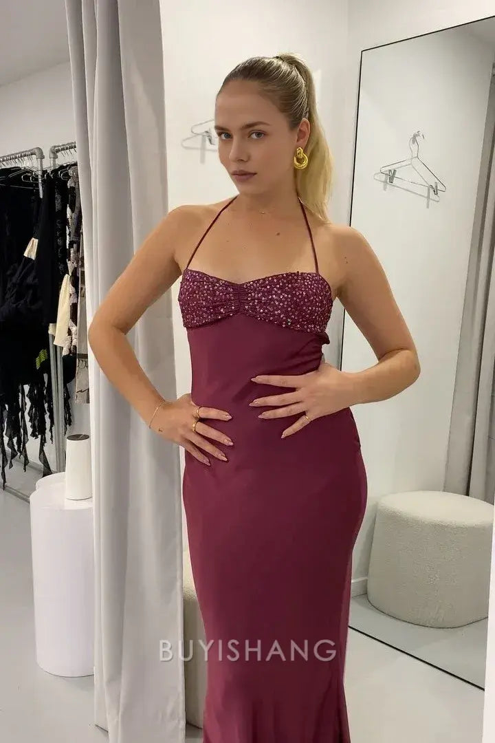 Elegant Women's Halter Neck Beaded Satin Mermaid Maxi Dress Prom Dress