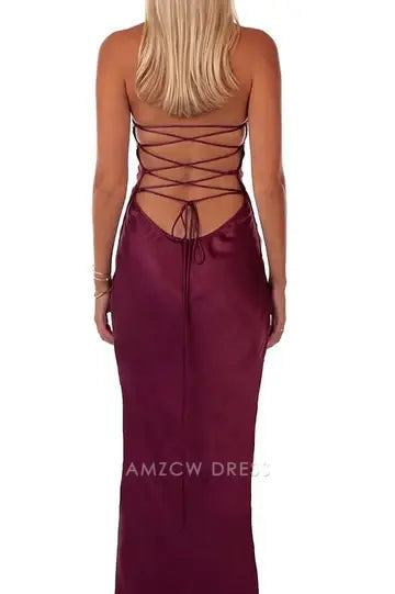 Elegant Women's Halter Neck Beaded Satin Mermaid Maxi Dress Prom Dress