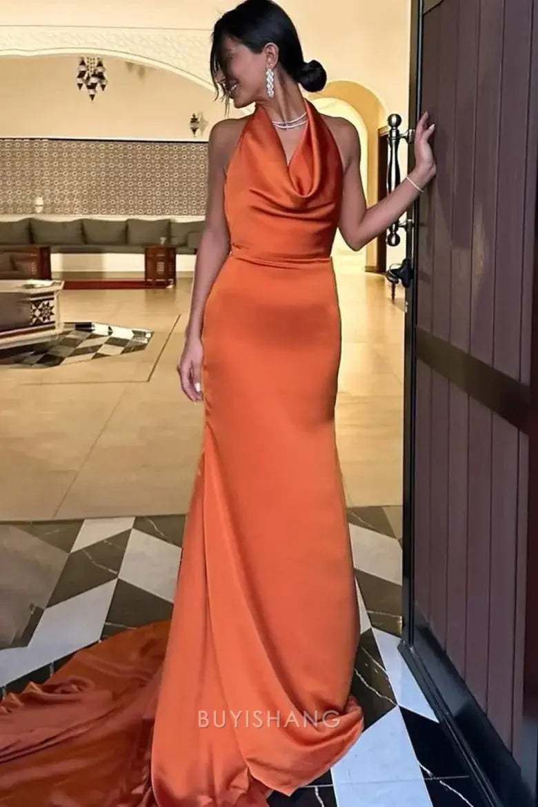 Elegant Women's Mermaid Halter Neck Satin Maxi Dress with Long Train Prom Dress