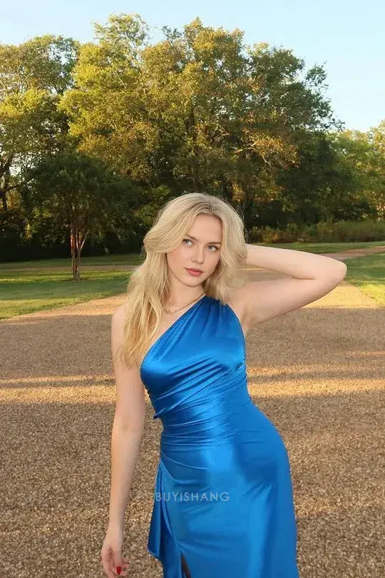 Elegant Women's One - Shoulder Satin Asymmetrical Maxi Dress with Side Slit Prom Dress