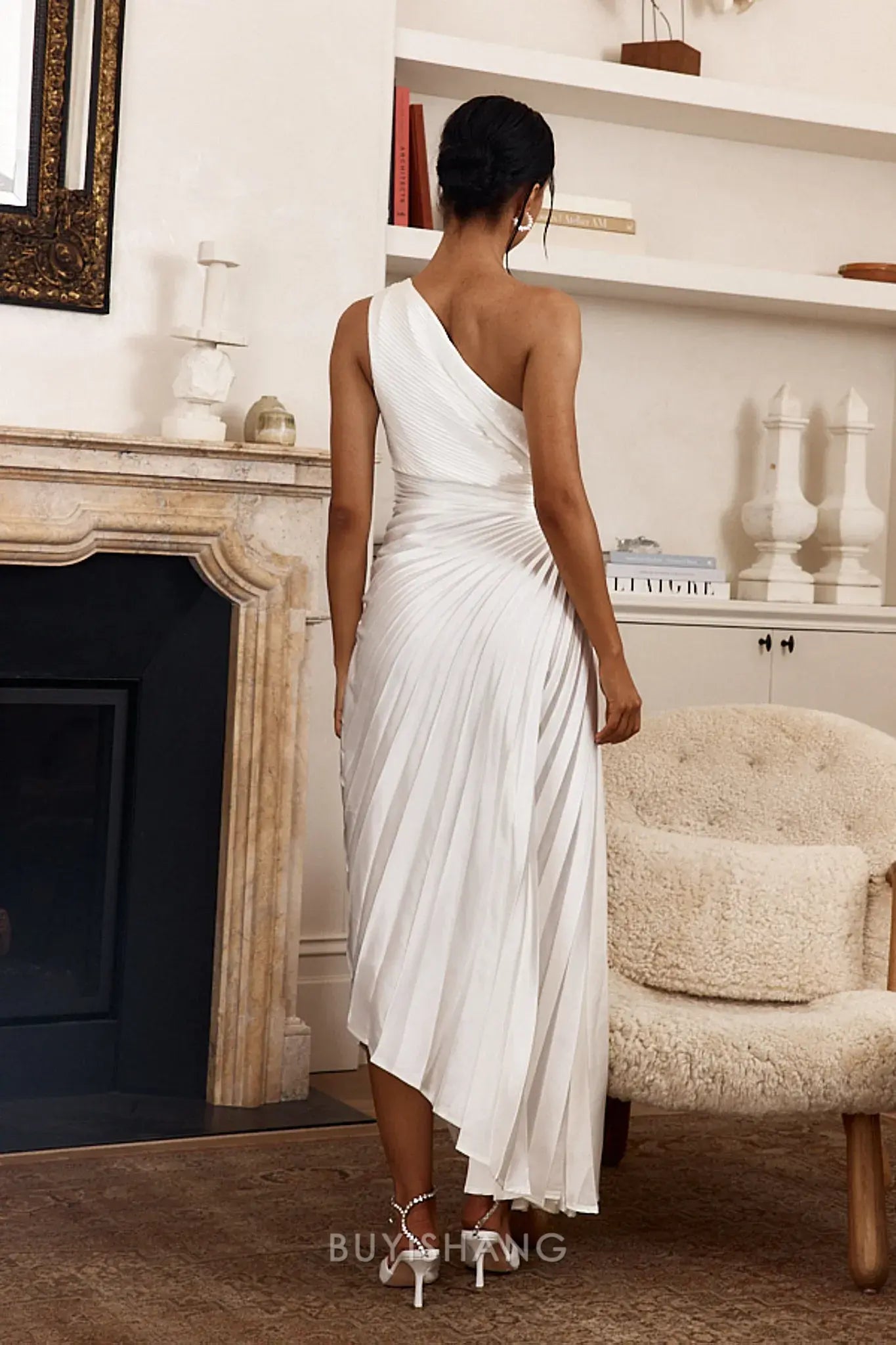 Elegant Women's One - Shoulder Sleeveless Pleated Maxi Dress Prom Dress