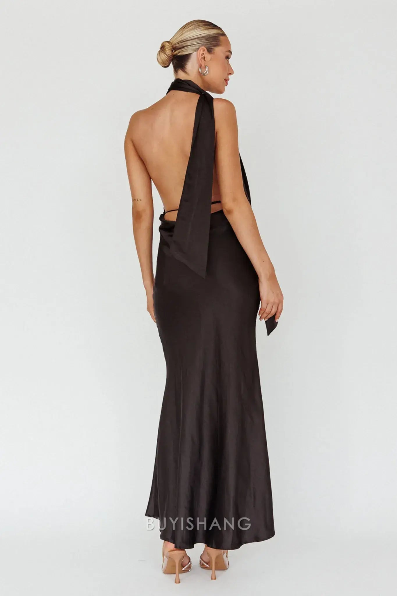 Elegant Mermaid Halter Neck Open Back Maxi Dress with Long Tie prom dress