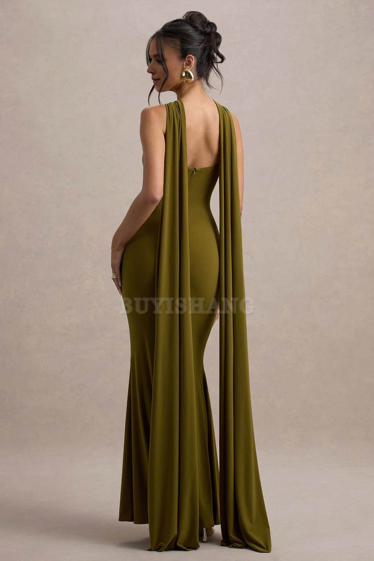 Buyishang Elegant green twisted open neck tight fitting backless shawl long dress for dance party new style