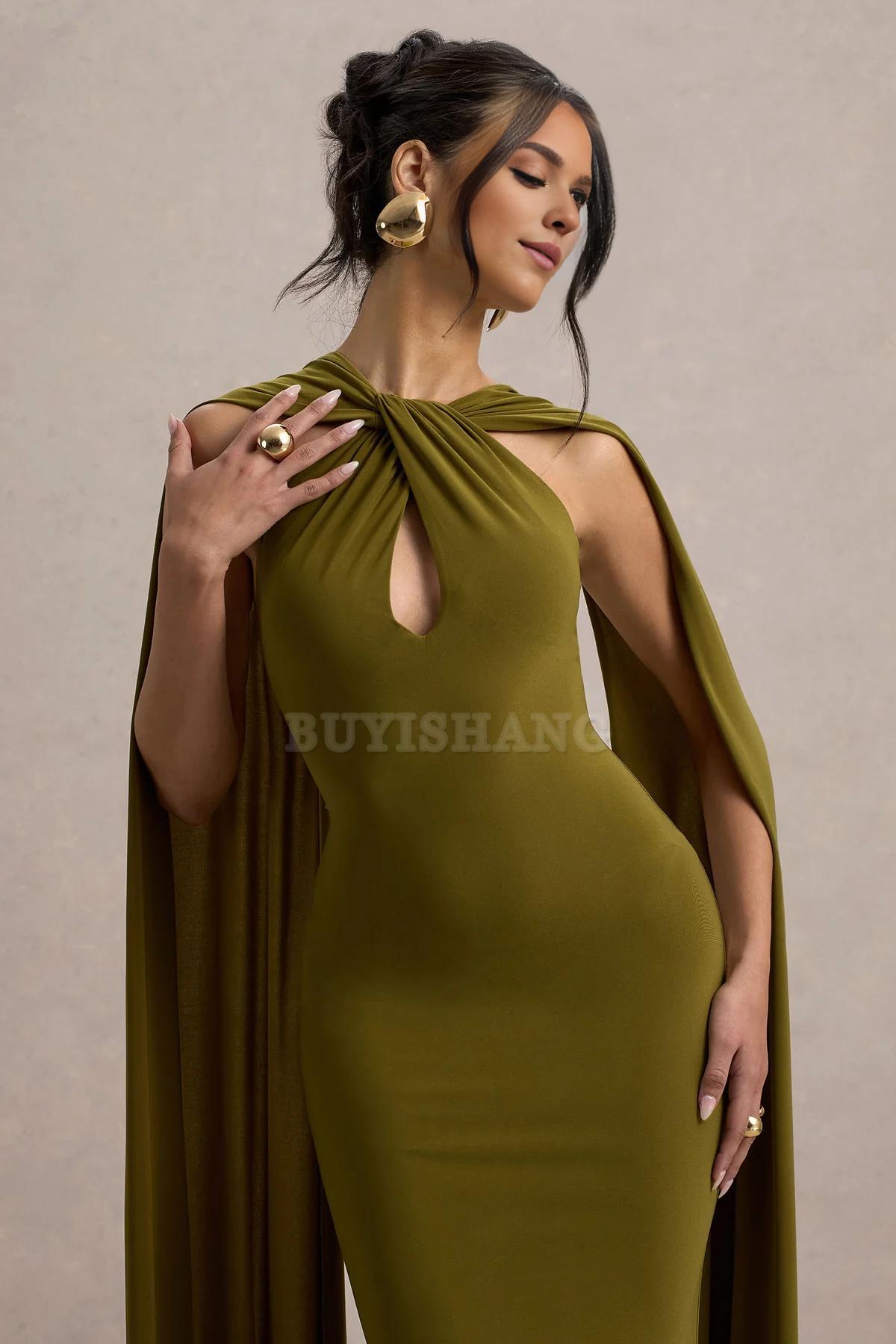 Buyishang Elegant green twisted open neck tight fitting backless shawl long dress for dance party new style