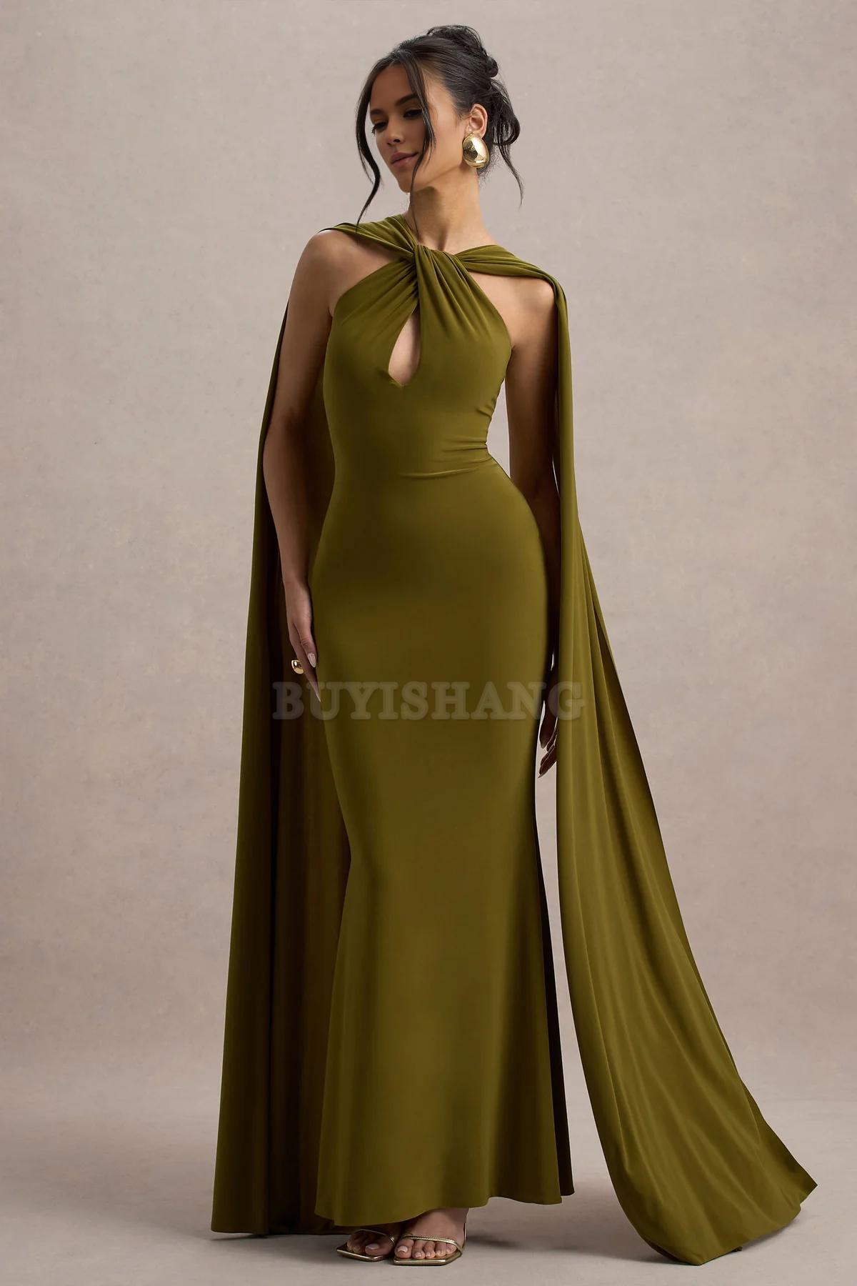 Buyishang Elegant green twisted open neck tight fitting backless shawl long dress for dance party new style