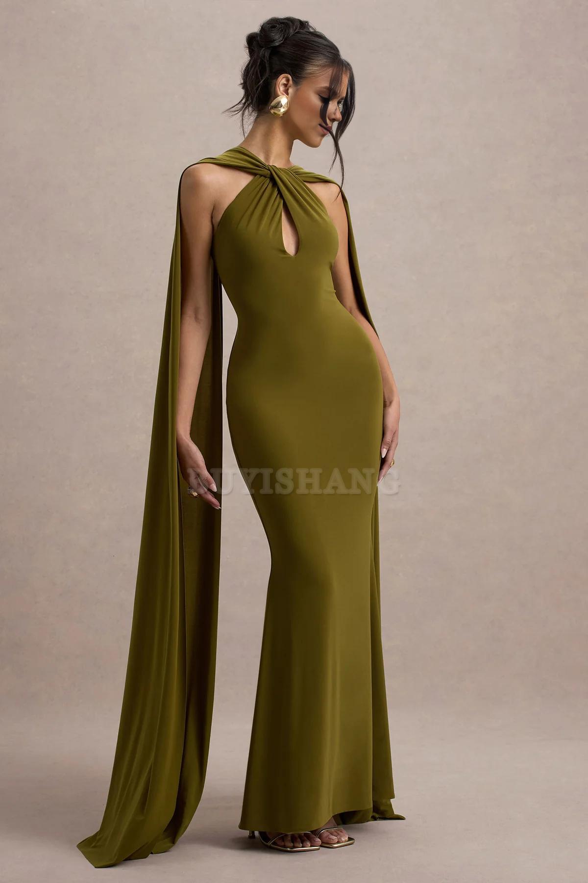 Buyishang Elegant green twisted open neck tight fitting backless shawl long dress for dance party new style