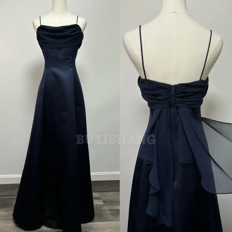 Buyishang Elegant retro navy blue slim shoulder strap one shoulder ball dress formal dress
