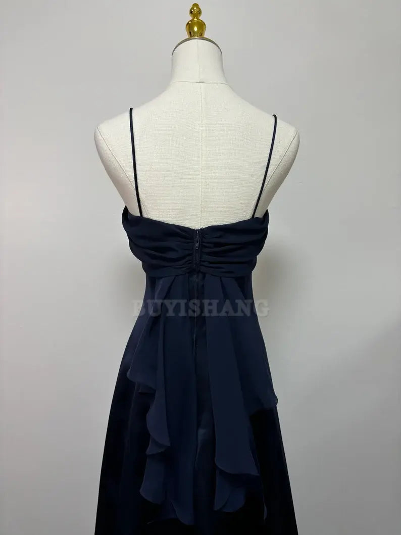 Buyishang Elegant retro navy blue slim shoulder strap one shoulder ball dress formal dress