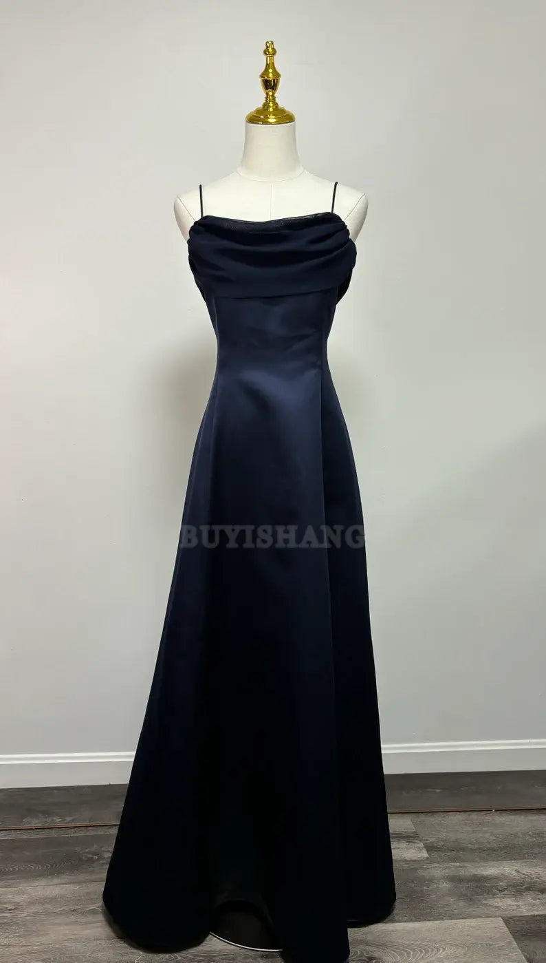 Buyishang Elegant retro navy blue slim shoulder strap one shoulder ball dress formal dress