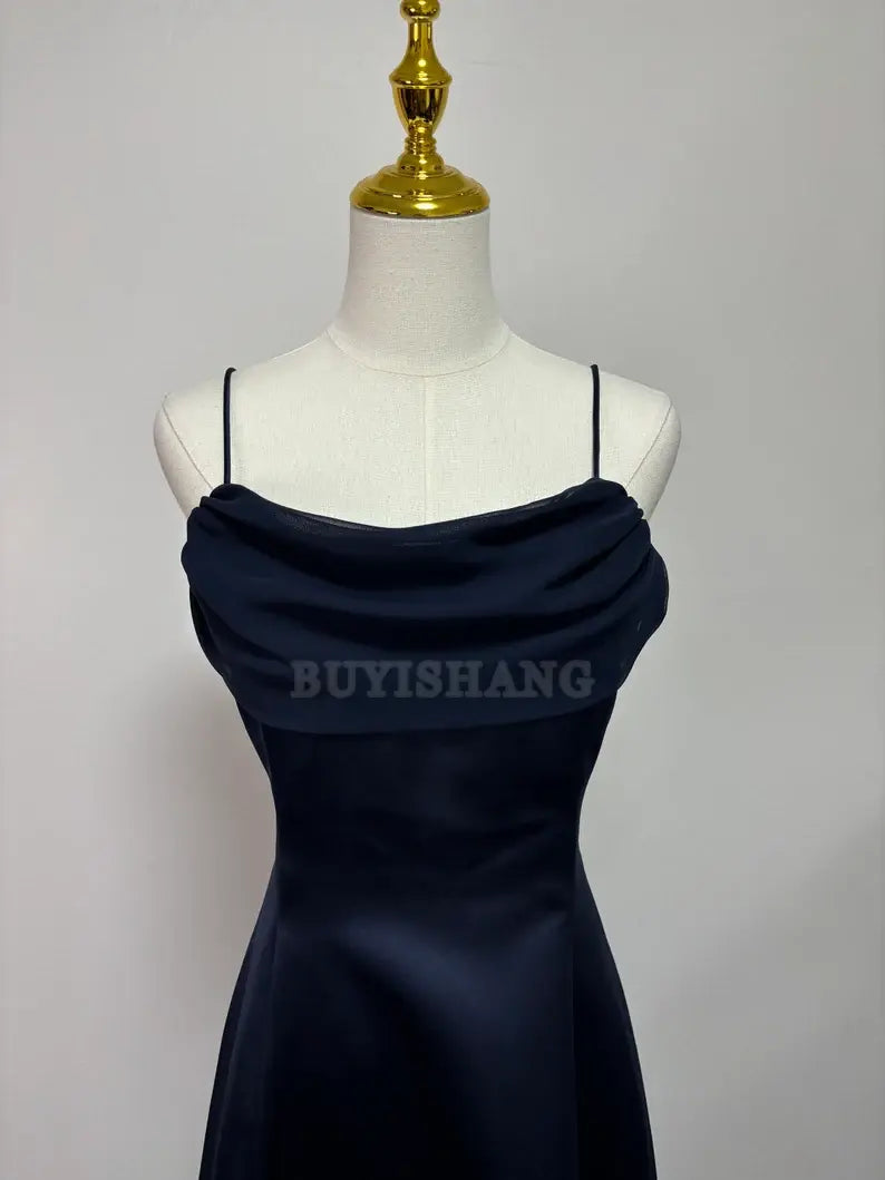 Buyishang Elegant retro navy blue slim shoulder strap one shoulder ball dress formal dress