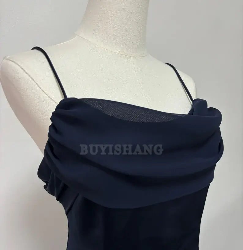 Buyishang Elegant retro navy blue slim shoulder strap one shoulder ball dress formal dress