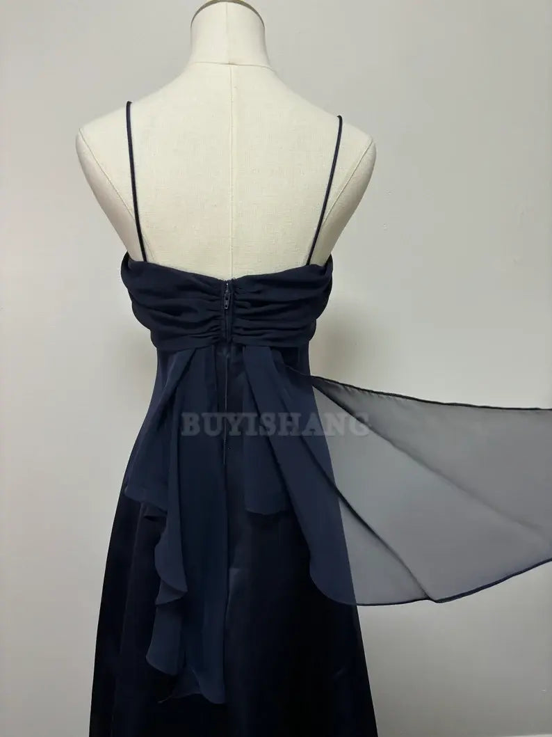 Buyishang Elegant retro navy blue slim shoulder strap one shoulder ball dress formal dress