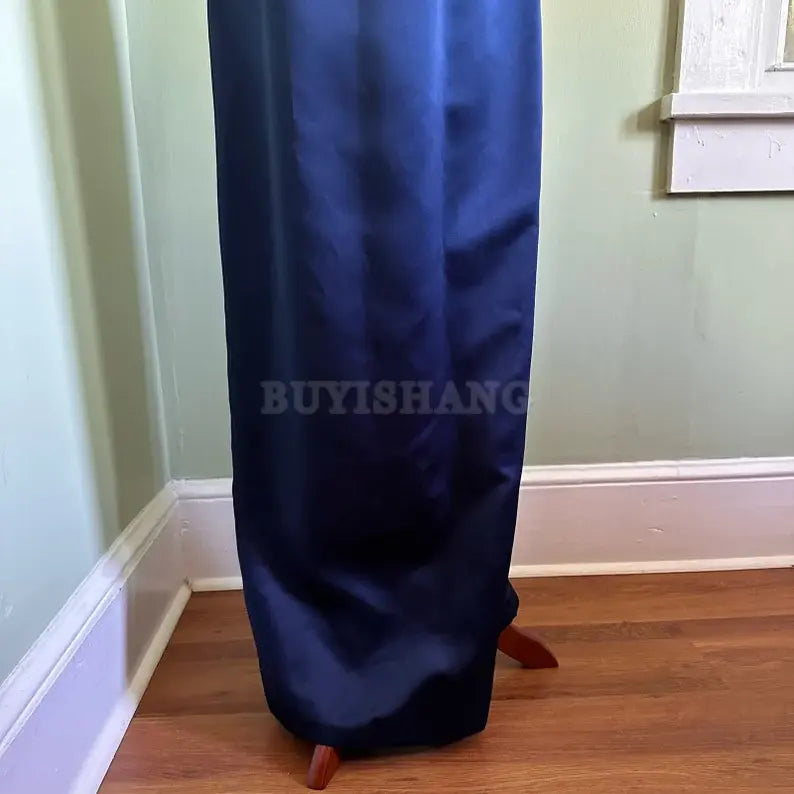 Buyishang Elegant vintage satin blue fitted ball gown with shoulder straps and long skirt