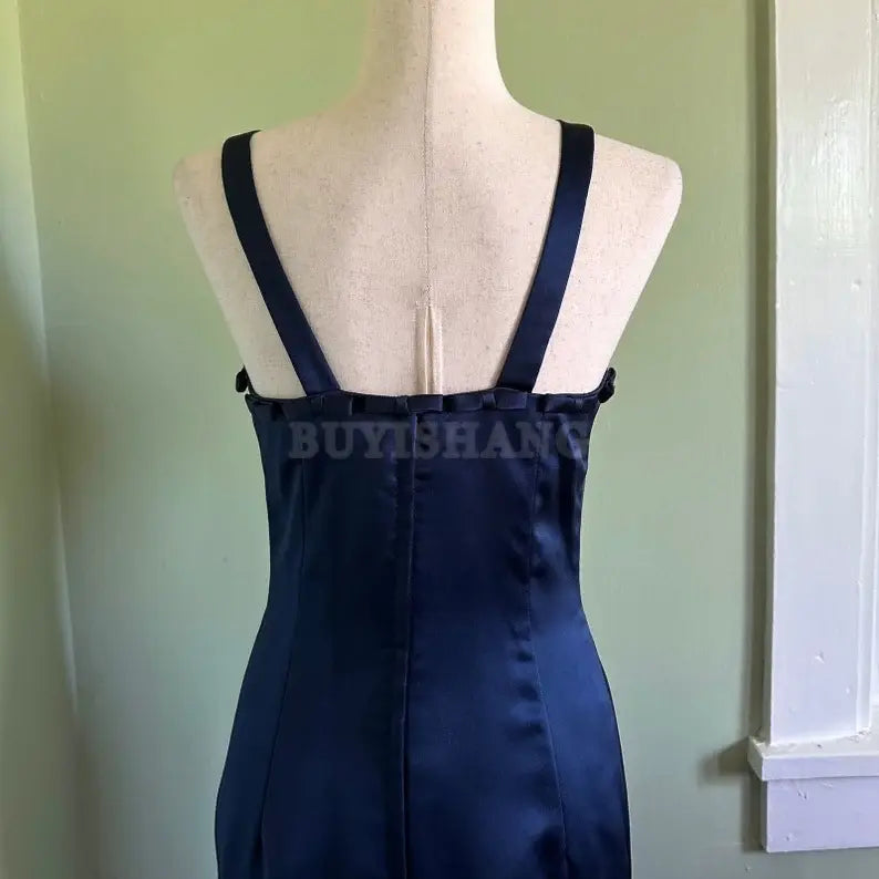 Buyishang Elegant vintage satin blue fitted ball gown with shoulder straps and long skirt