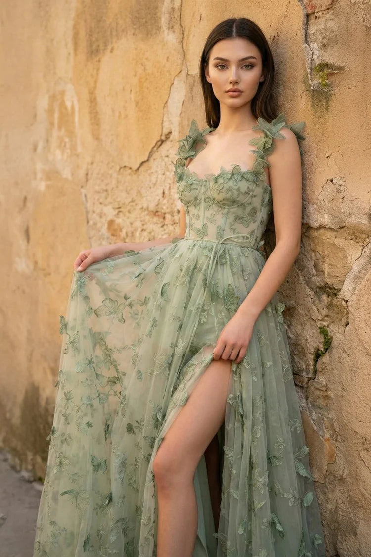 Enchanting A-Line Sweetheart Flutter-Sleeved Lace-Up Back Floor-Length Prom Dresses with Slit