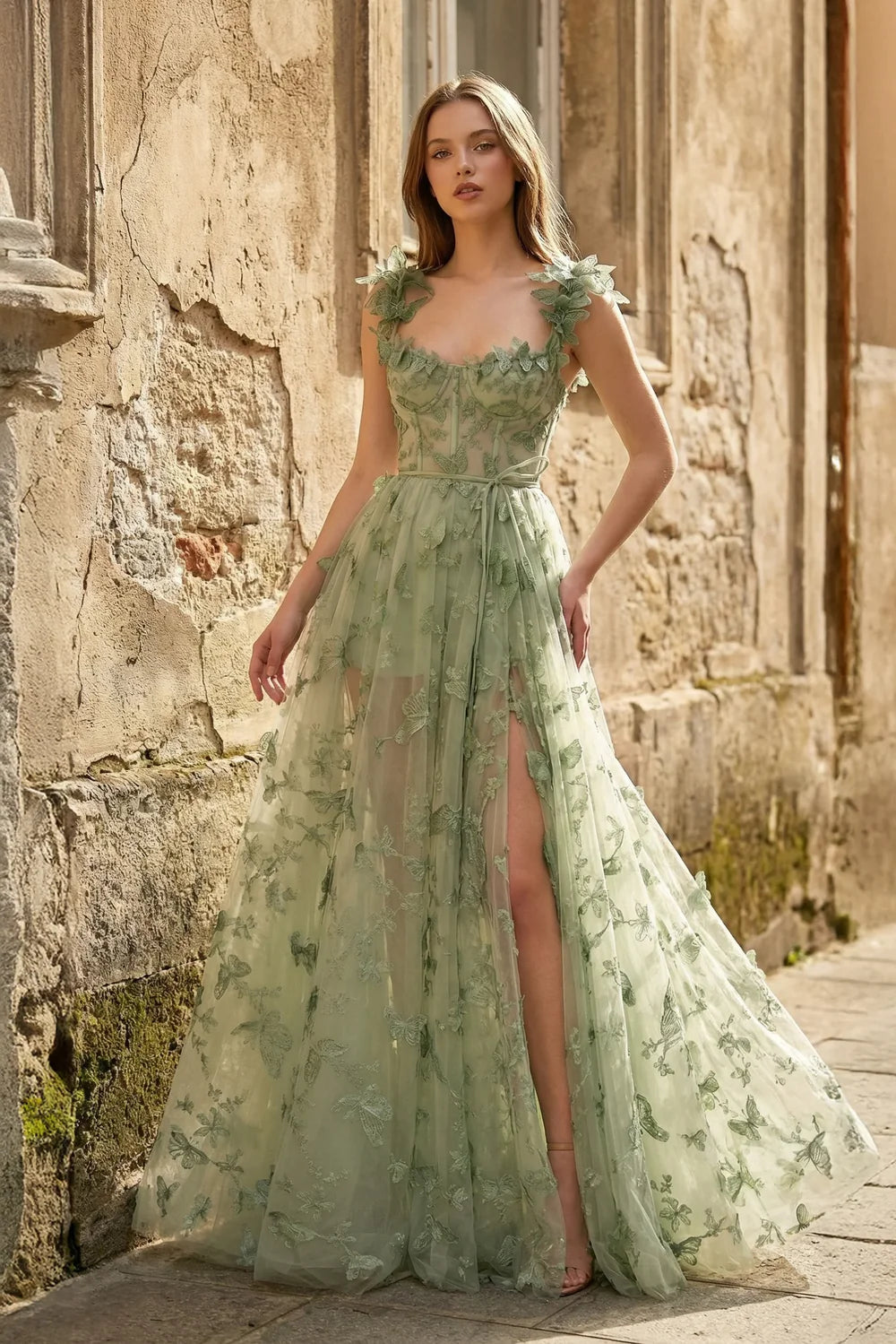 Enchanting A-Line Sweetheart Flutter-Sleeved Lace-Up Back Floor-Length Prom Dresses with Slit