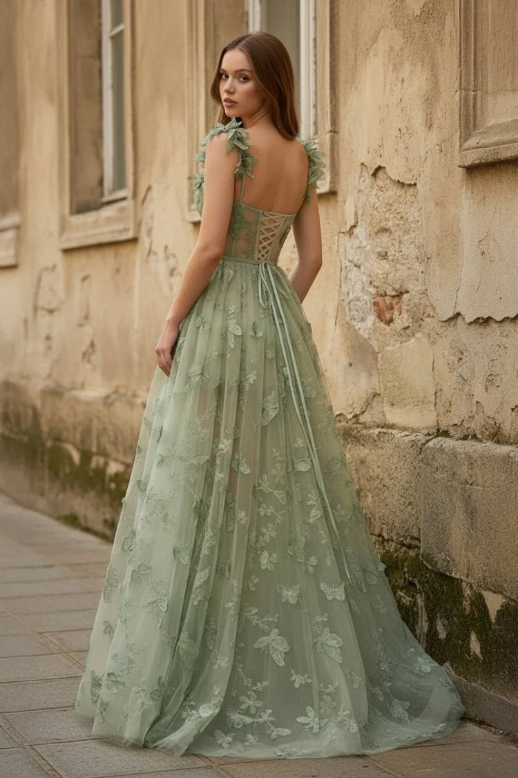 Enchanting A-Line Sweetheart Flutter-Sleeved Lace-Up Back Floor-Length Prom Dresses with Slit