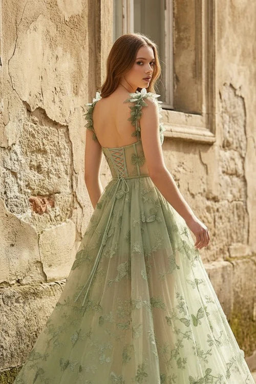 Enchanting A-Line Sweetheart Flutter-Sleeved Lace-Up Back Floor-Length Prom Dresses with Slit