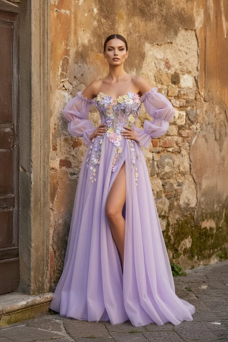 Enchanting A-Line Sweetheart Off-the-Shoulder Lace-Up Back Floor-Length Tulle Prom Dresses with 3D Flowers