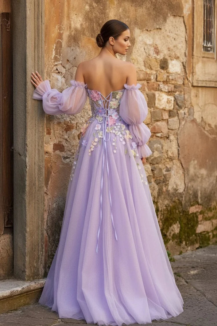Enchanting A-Line Sweetheart Off-the-Shoulder Lace-Up Back Floor-Length Tulle Prom Dresses with 3D Flowers