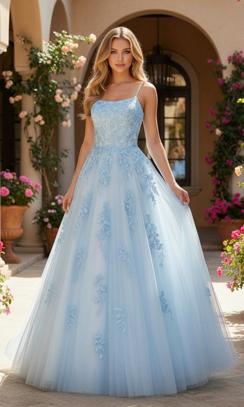 Enchanting Light Blue Ball Gown Square-Neck Spaghetti-Strap Lace-Up Back Floor-Length Prom Dresses