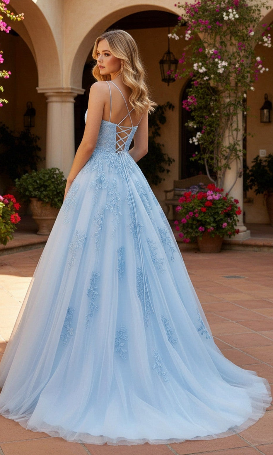 Enchanting Light Blue Ball Gown Square-Neck Spaghetti-Strap Lace-Up Back Floor-Length Prom Dresses