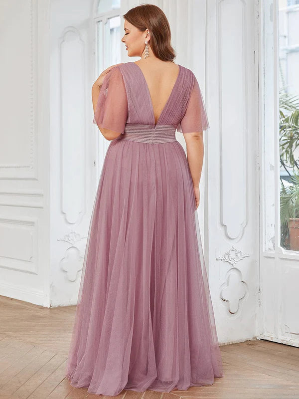 Custom Size A-Line Pleated Flutter Sleeve Tulle Maxi Bridesmaid Dress