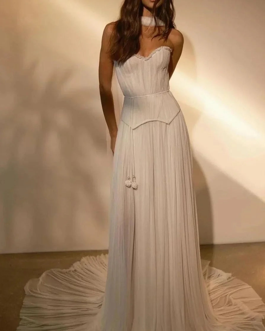 Ethereal A-Line Strapless Pleated Ivory Floor-Length Wedding Dress