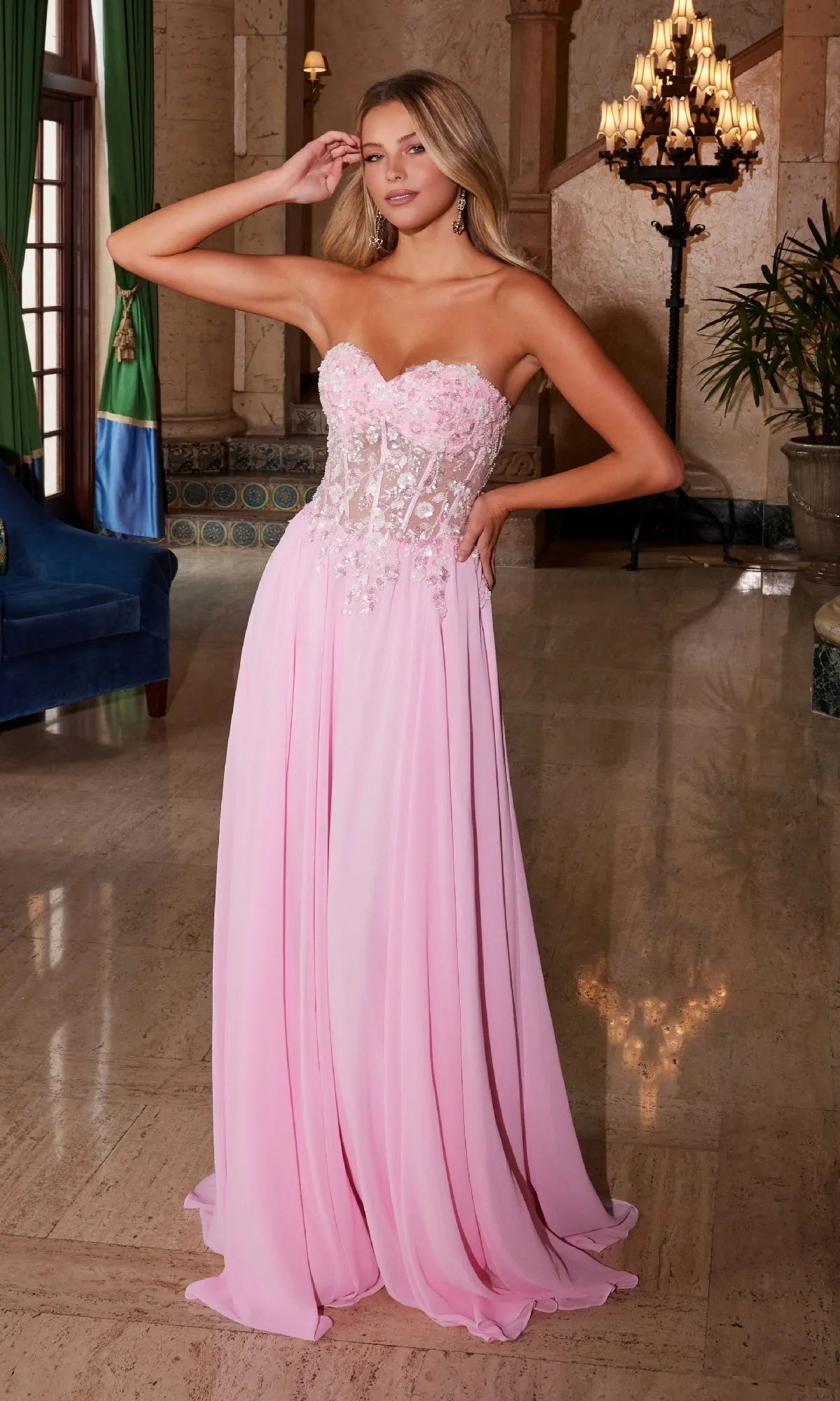 Ethereal Pink A-Line Sweetheart Strapless Open-Back Floor-Length Prom Dresses With Appliques