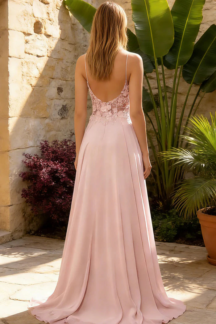 Ethereal Pink A-Line V-Neck Spaghetti-Strap Lace-Back Floor-Length Appliques Prom Dresses High Side Slit