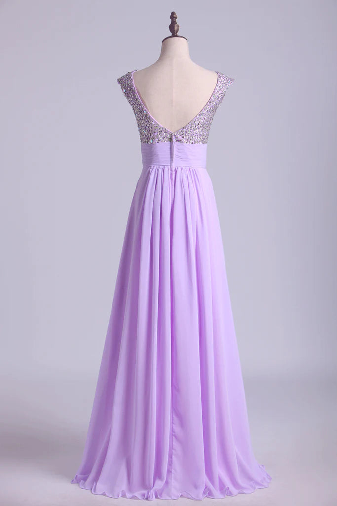 A Line Chiffon Party Dresses Beaded And Ruffled Floor Length