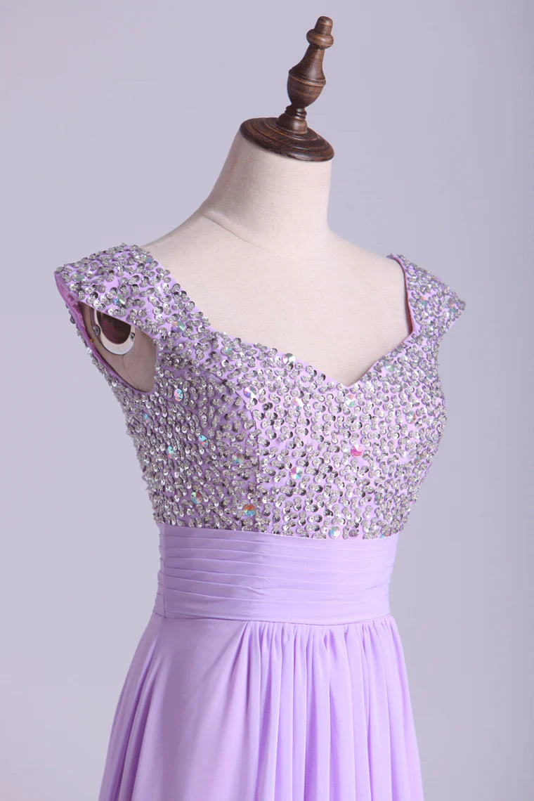 A Line Chiffon Party Dresses Beaded And Ruffled Floor Length