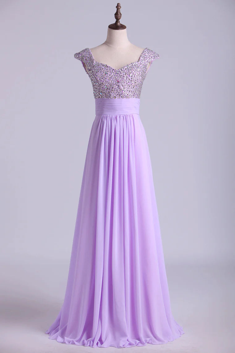 A Line Chiffon Party Dresses Beaded And Ruffled Floor Length