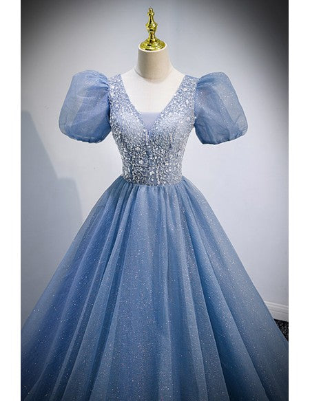 Dreamy Blue Bling Tulle Ballgown Prom Dress Vneck with Bubble Sleeves