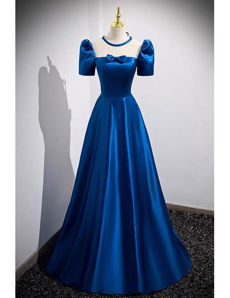 Royal Blue Aline Long Cute Prom Dress with Illusion Square Neckline