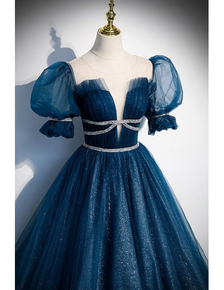 Fantasy Blue Sparkly Bling Prom Dress with Bubble Sleeves