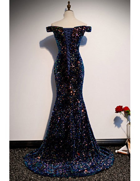 Navy Colorful Sequins Mermaid Prom Dress Off Shoulder