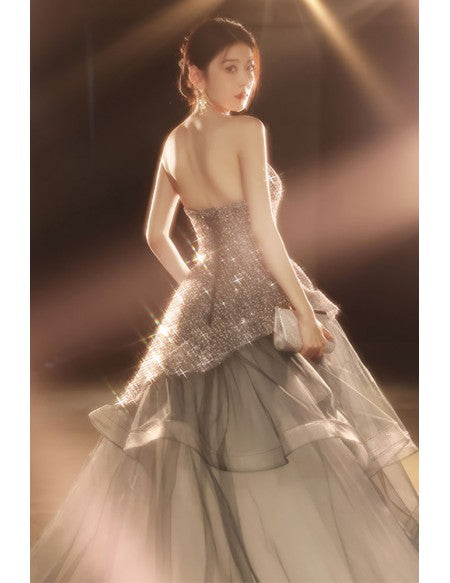 Silver Sequined Ruffled Ballgown Prom Dress with Bling