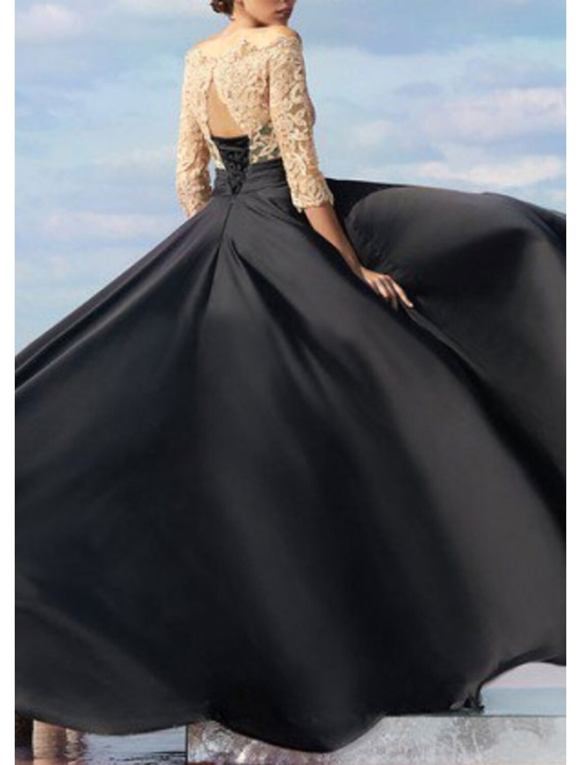 A-Line Evening Gown Empire Dress Wedding Guest Engagement Floor Length Half Sleeve Off Shoulder Chiffon with Lace Insert Appliques