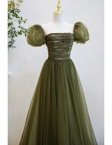Dusty Green Tulle Aline Prom Dress with Bubble Sleeves