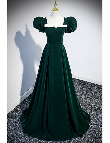 Formal Dark Green Velvet Long Prom Dress with Bubble Sleeves