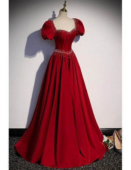 Romantic Beaded Square Neck Long Satin Prom Dress with Beadings